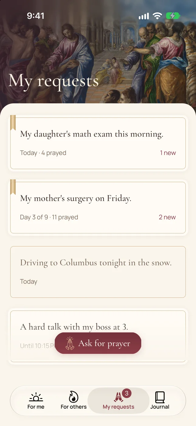My requests: each request shows how many people prayed and what is new.