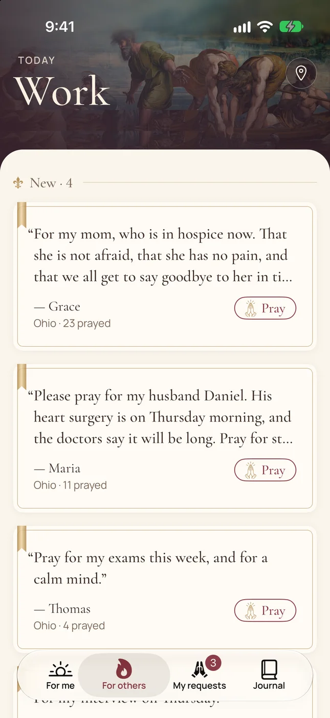 For others: today's intention is Work, and requests for prayer, each with a Pray button.