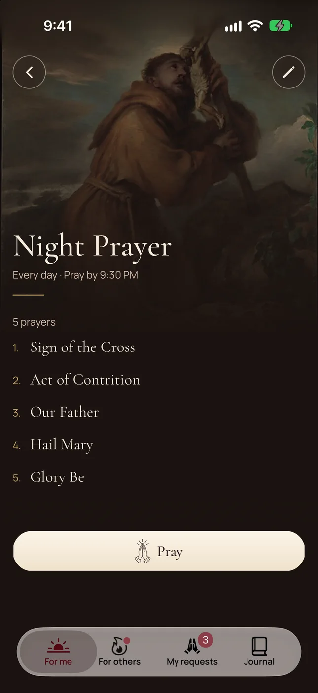 Night Prayer: every day, pray by 9:30 PM, five prayers, and a Pray button.